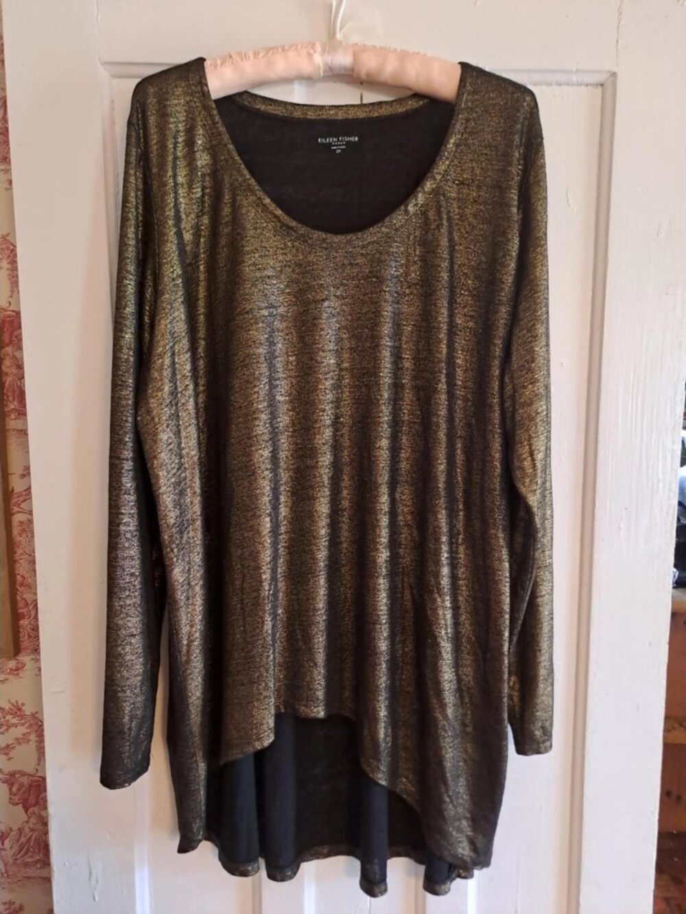 Eileen Fisher XXL 2X blouse Tunic Top 100% Linen Organic Soft V-Neck black gold